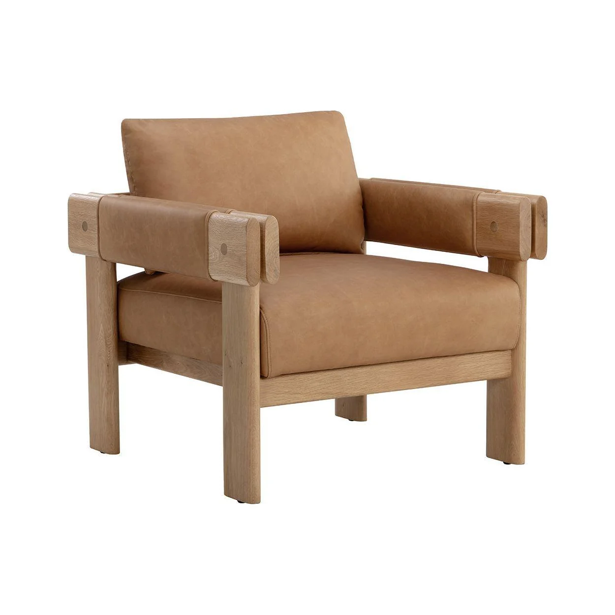 Organic Rustic Oak & Leather Lounge Chair with Double Armrest Design for Living Room