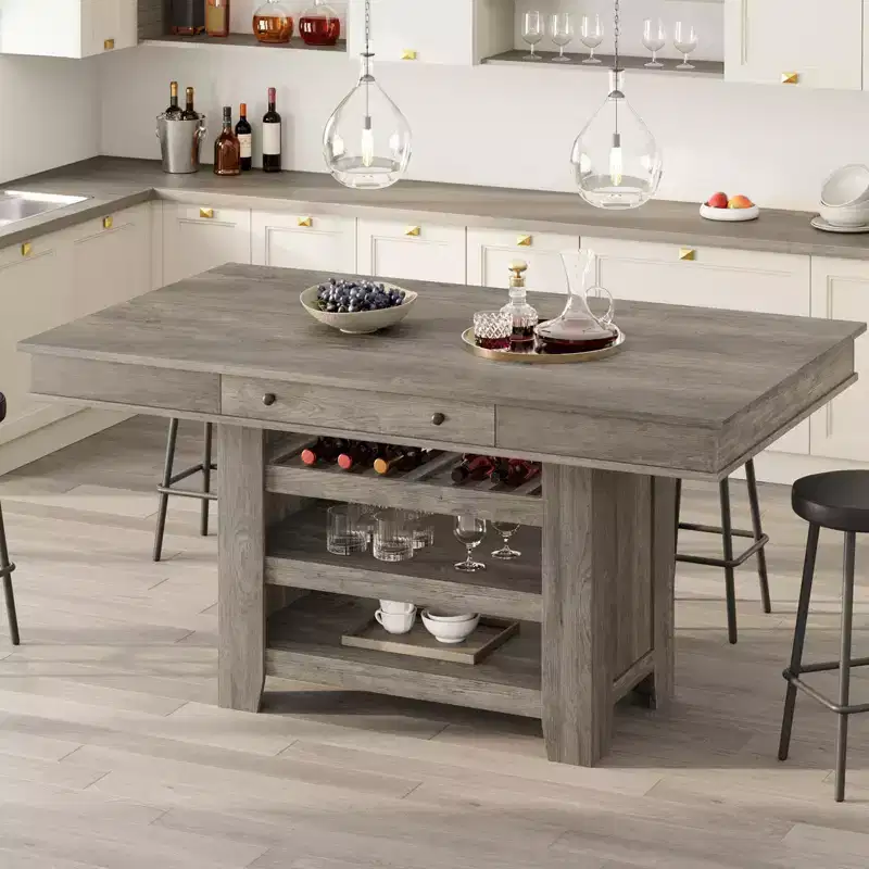 Farmhouse Dining Table for 4-6, Counter Height Wooden Kitchen Table with Storage Shelves & Drawer for Dining Room Apartment