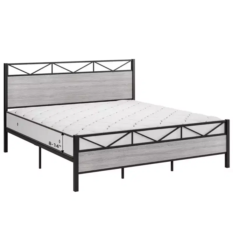 Coolmee King Size Bed Frame with Headboard, Industrial Platform King Bed Frame with 14 Strong Metal Slats Support, Under-Bed Storage, No Noise