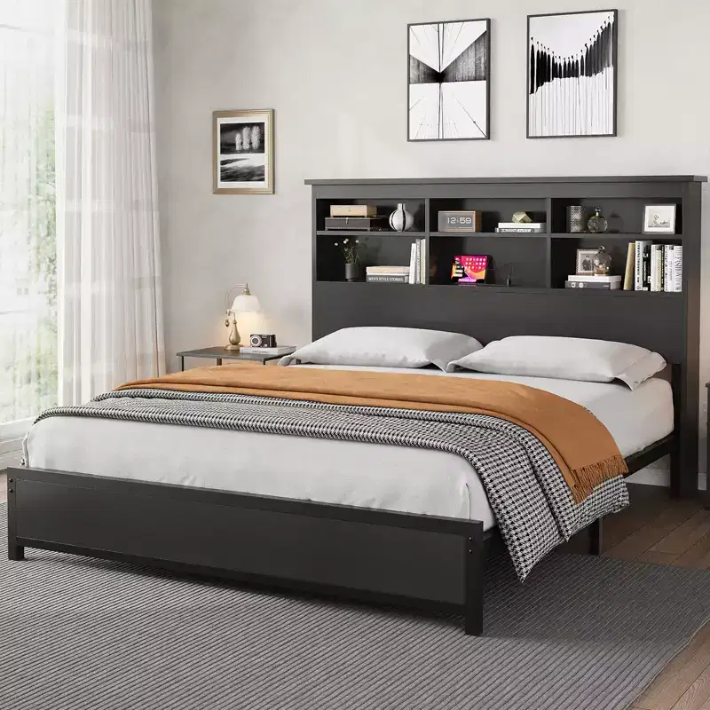 Full Size Bed Frame with Bookcase Headboard, Full Platform Bed with 2-tier Storage & Charging Station, No Box Spring Needed Easy AssembleBlack