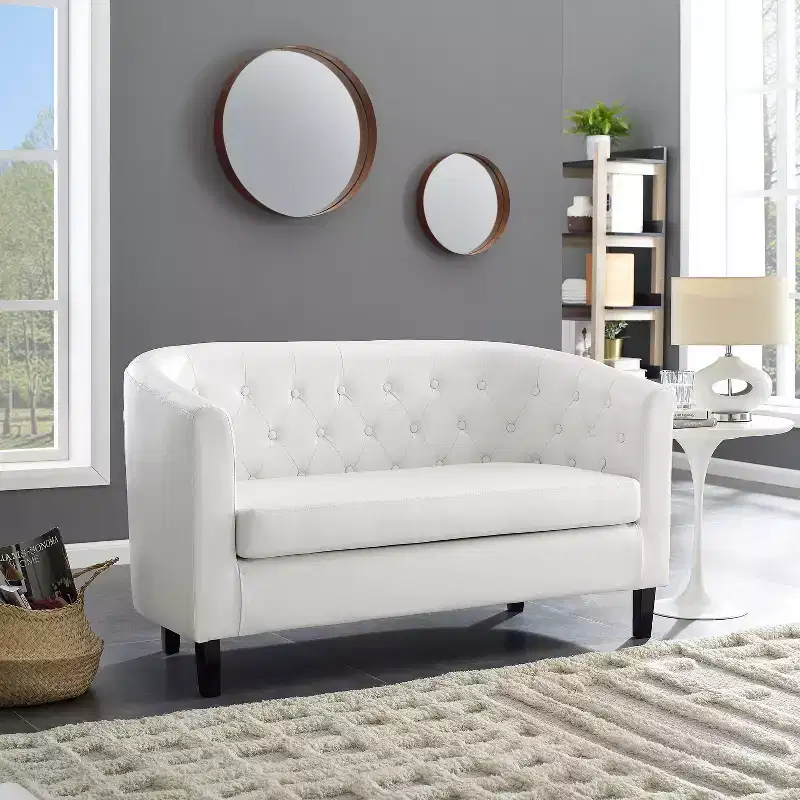 Button Tufted Barrel Loveseat, Midcentury Modern 2 Seater Sofa Couch