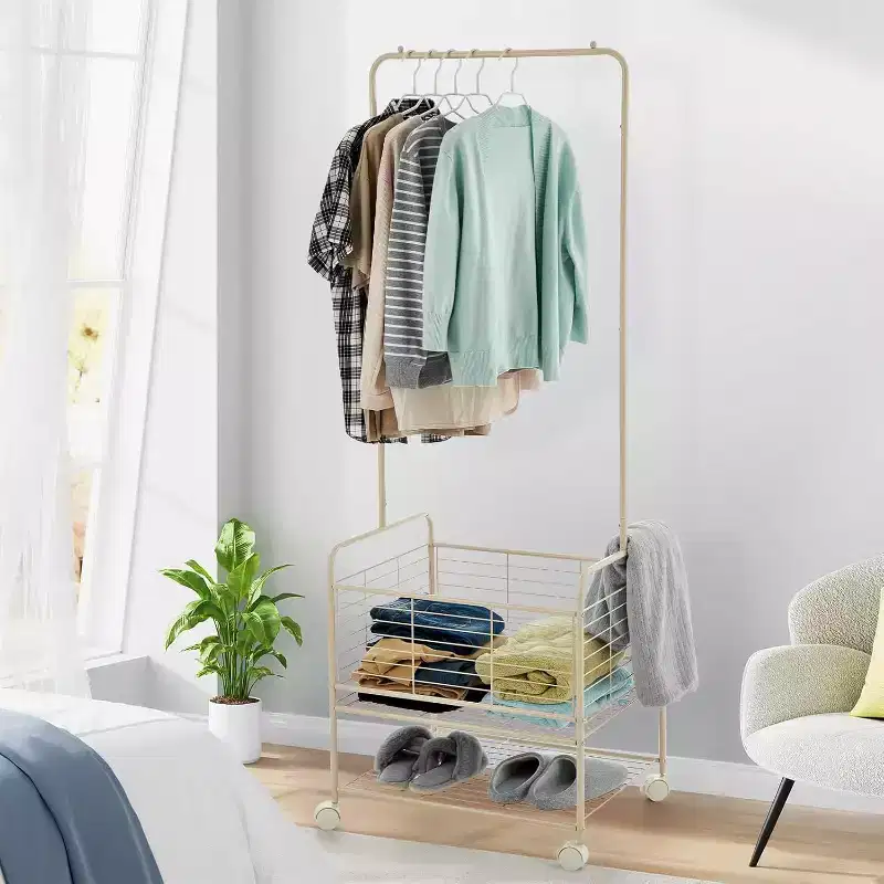 67.72in Tall Laundry Cart with Clothes Rack, Rectangular Rolling Laundry Hamper Basket Butler Cart with Wheels for Bedroom, Apricot