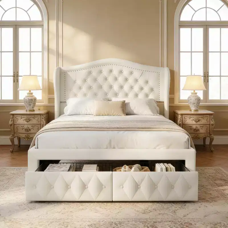Queen Velvet Wingback Bed Frame with 2 Storage Drawers & Diamond Tufted Headboard