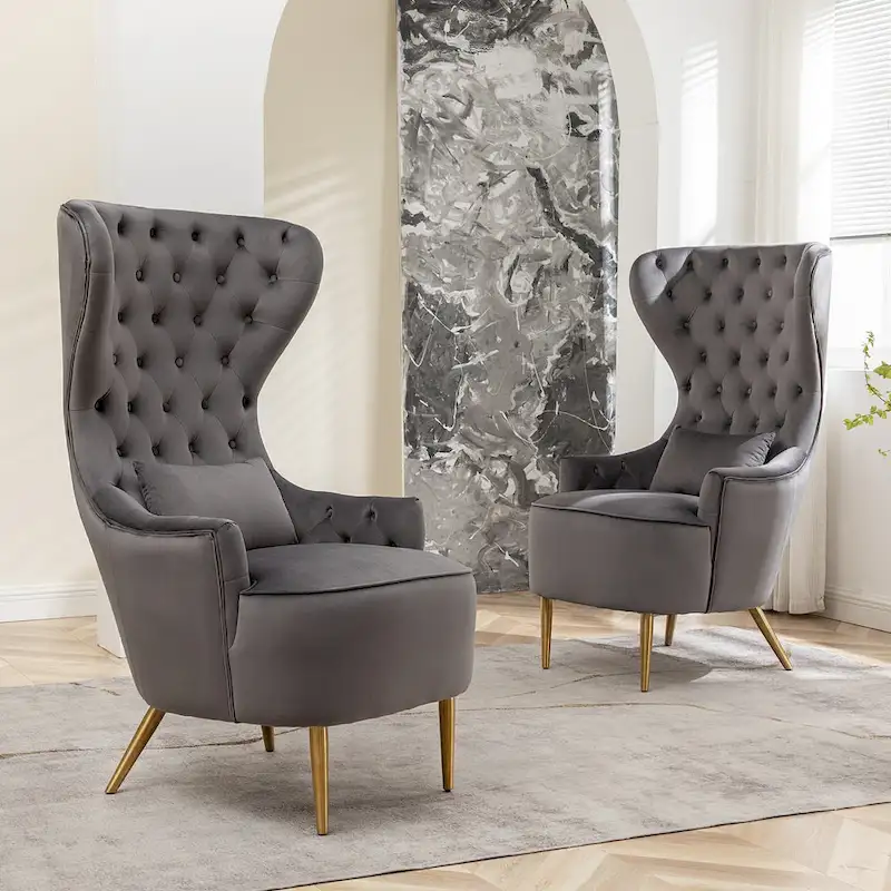 KINWELL Tufted High Wingback Accent Chairs Velvet Armchairs, Set of 2