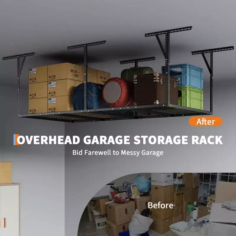 Ceiling Mounted Garage Storage Rack - Adjustable Height Metal Shelf