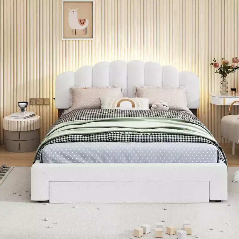Upholstered Platform Bed, Teddy Fleece Wood Bed Frame with Drawer and USB Ports, for Bedroom, Easy Assembly, White