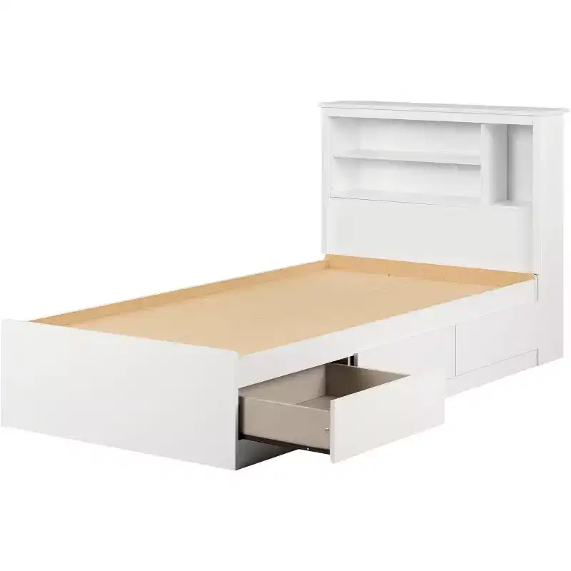 Twin Size Bed Frame with Bookcase Headboard & Storage Drawers, White, Particle Board