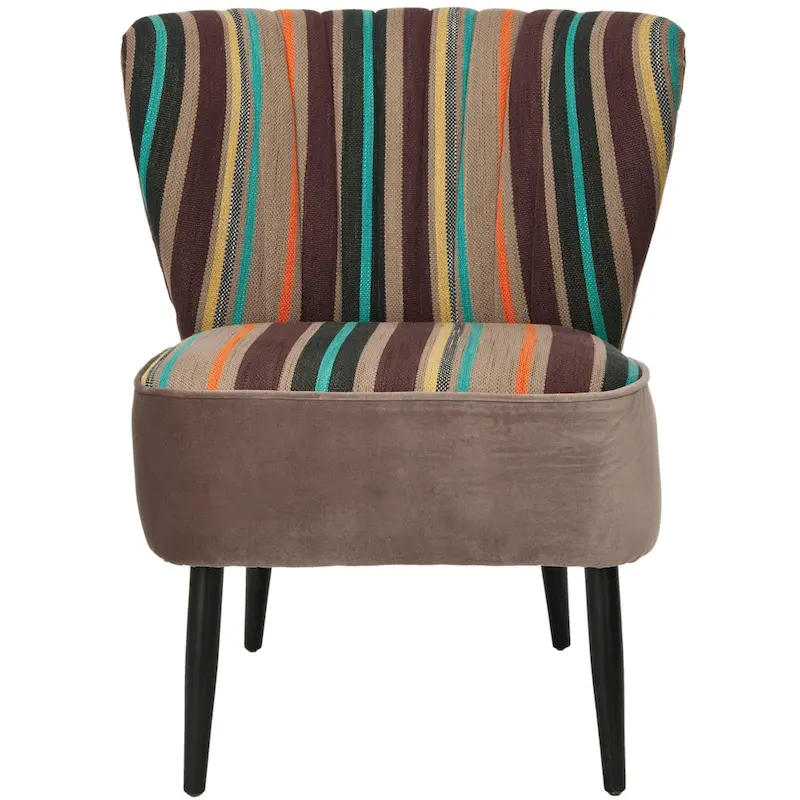 Mid-Century Rainbow Striped Accent Chair with Channel Pleating & Birch Wood Legs