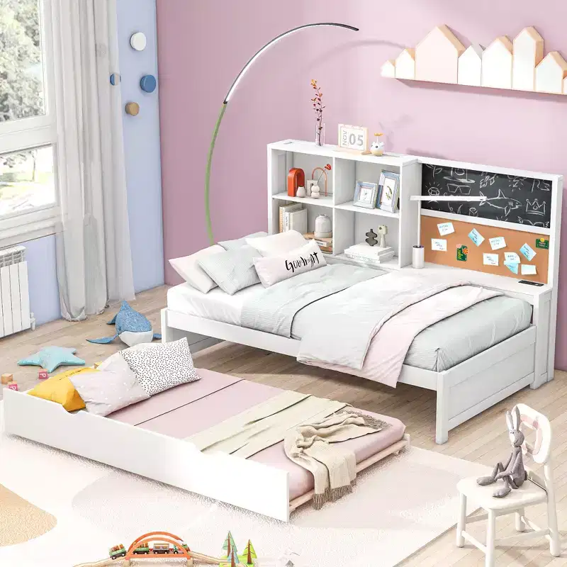 Twin Size Daybed with Trundle and Storage Shelves, Wood Platform Bed with Charging Station, USB Port, Blackboard and Cork Board, White