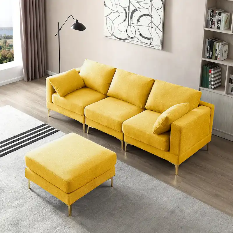 Christopher Knight Home - Beige L-Shape Sectional Sofa with Gold Metal Legs and Ottoman