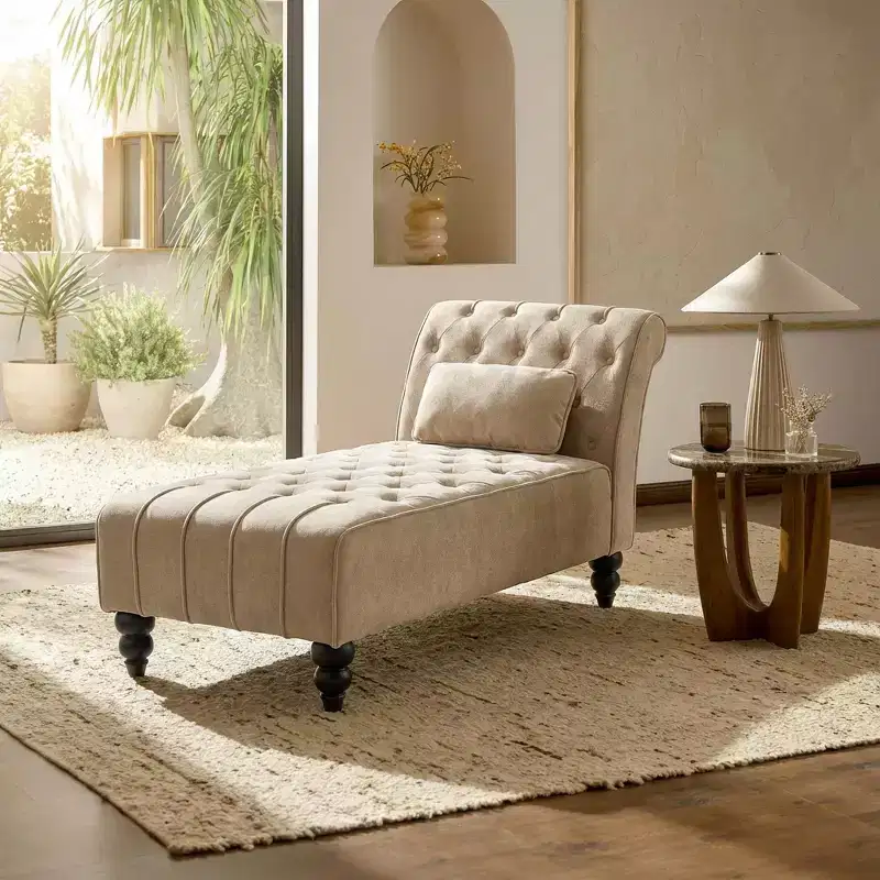 Modern Glam Upholstered Chaise Lounge with Button-Tufted Diamond Stitch