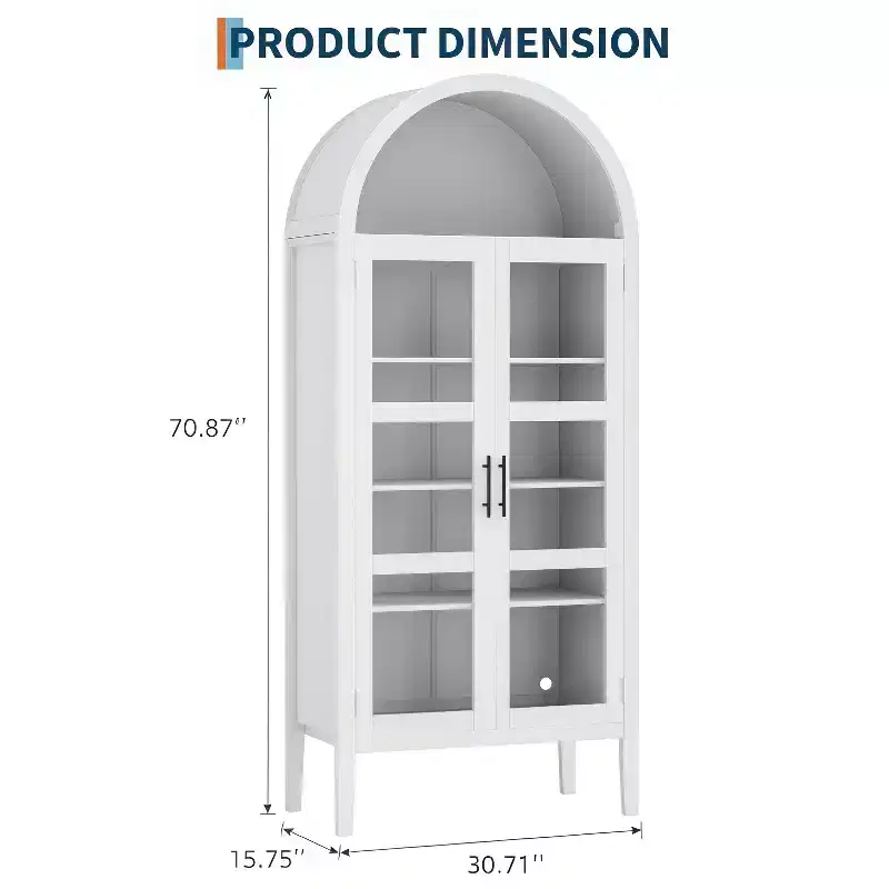70 Tall Arched Kitchen Pantry Cabinet with LED, Wood Arched Bookshelf with Glass Doors & Adjustable Shelves, Elegant White