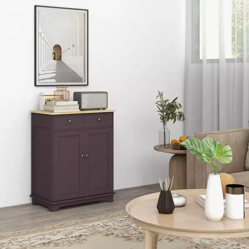 Kitchen Storage Cabinet, Sideboard Floor Cupboard with Solid Wood Top, Adjustable Shelf, and 2 Drawers