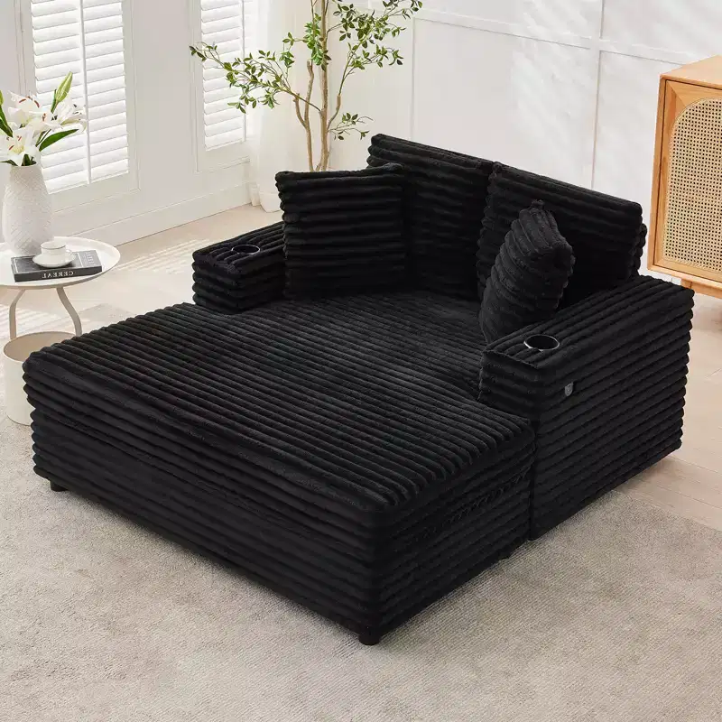 COZONY 60 Oversized Corduroy Chaise Lounge Chair, Deep Seat Reading Couch with Cup Holder & Throw Pillows for Living Room or Bedroom