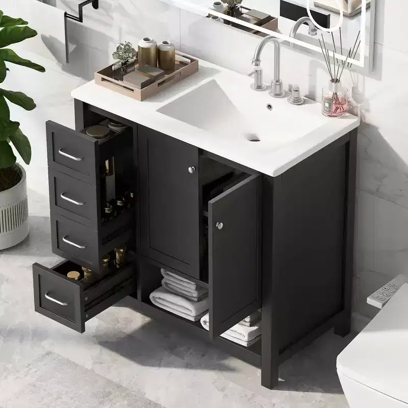 MAYEERTY 36 Bathroom Vanity with Sink Top 2 Doors 2 Drawers Solid Wood Open Shelf MDF Black