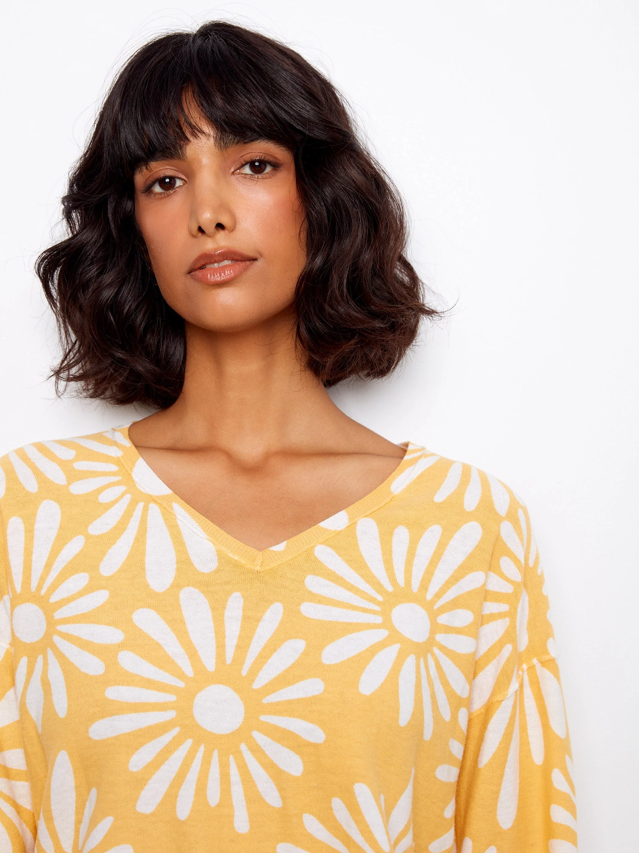 Reversible Printed V-Neck Sweater - Yellow