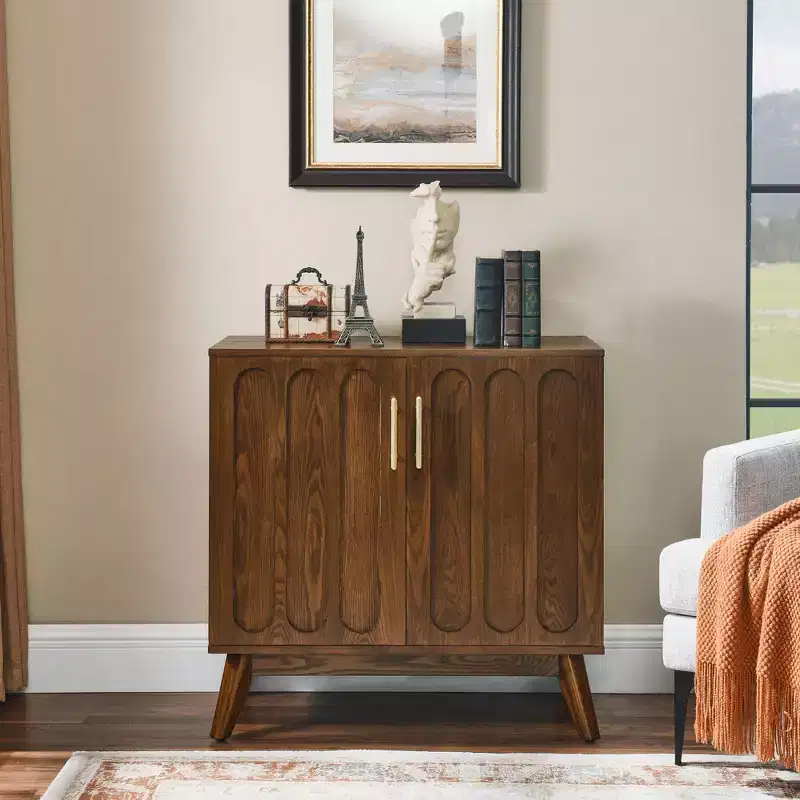 Mid Century Modern Fluted Sideboard Cabinet with Adjustable Storage, Solid Wood Bar Buffet Cabinet for Kitchen Dining/Living Room