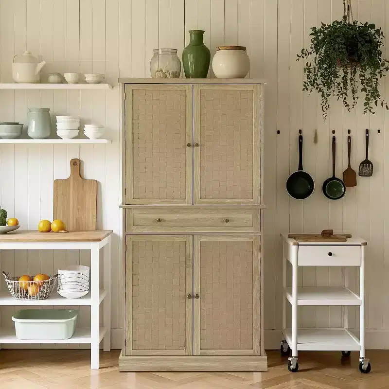 72 in Tall Farmhouse Kitchen Pantry Cabinet, 4 Door Narrow Wooden Cupboard with a Drawer, 4 Adjustable Shelves, for Home, Natural