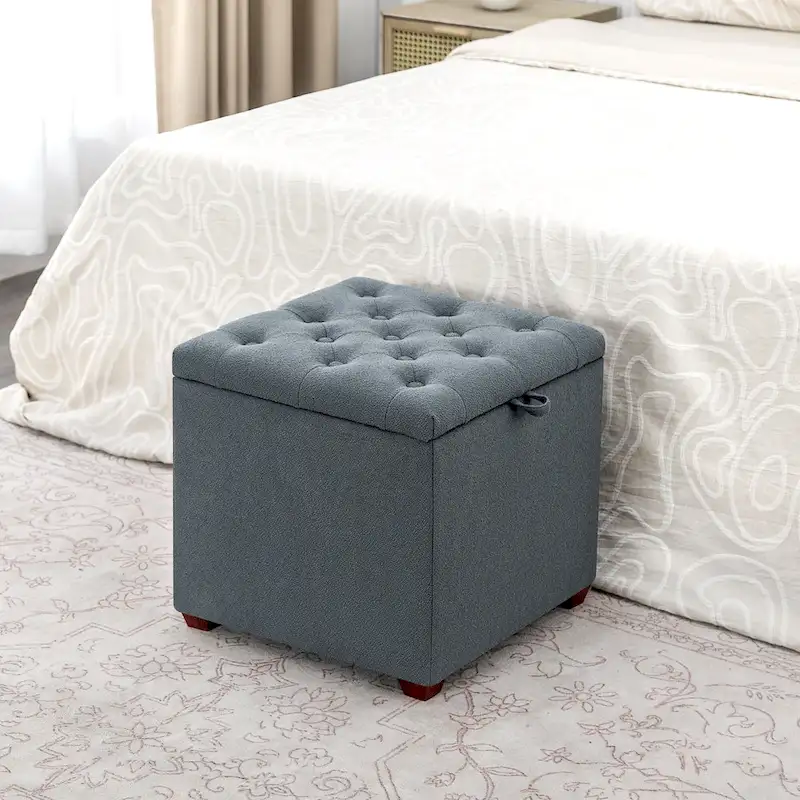 Adeco Fabric Square Ottoman with Tray