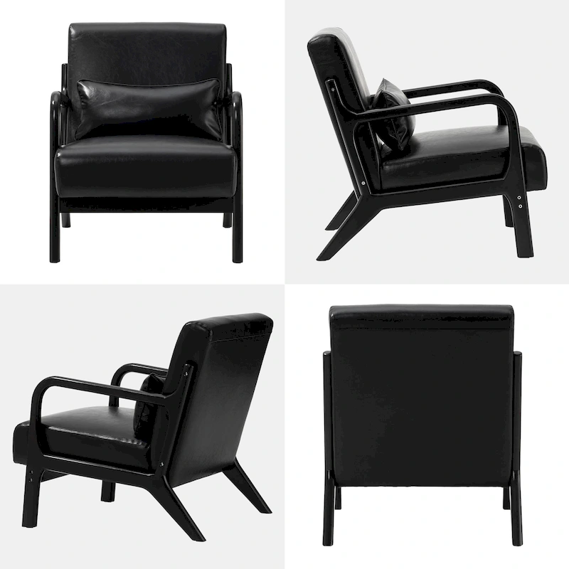 Glitzhome 30.75H Mid-Century Modern PU Leather Armchair Accent Chair with Pillow - 25.75W x 33.75D x 30.75H