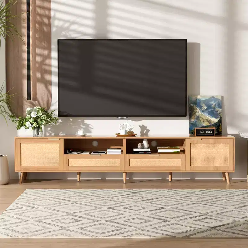 Darwin Modern Farmhouse Rattan Weave TV Stand for TVs up to 90'', with Solid Wood Legs