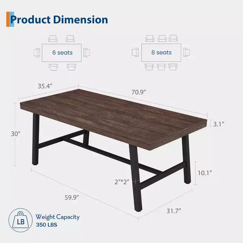 70.87 Long Wooden Kitchen Table with Sturdy Metal Frame & Pear Finish for Dinner, Kitchen, Dining Room