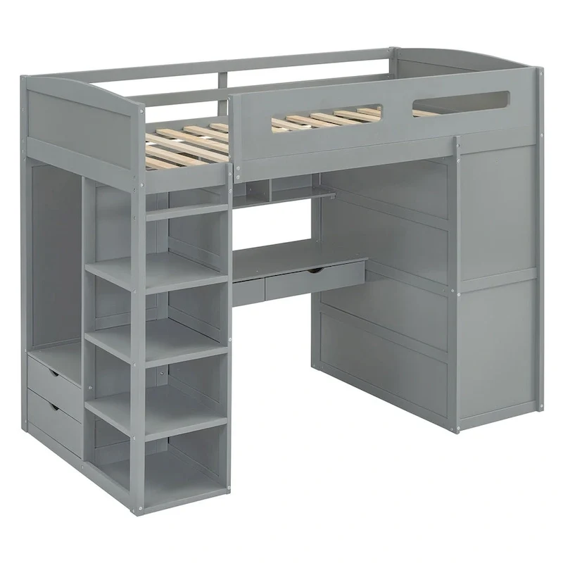 Loft Bed with Desk, Wardrobes, 4 Drawers and 4 Shelves