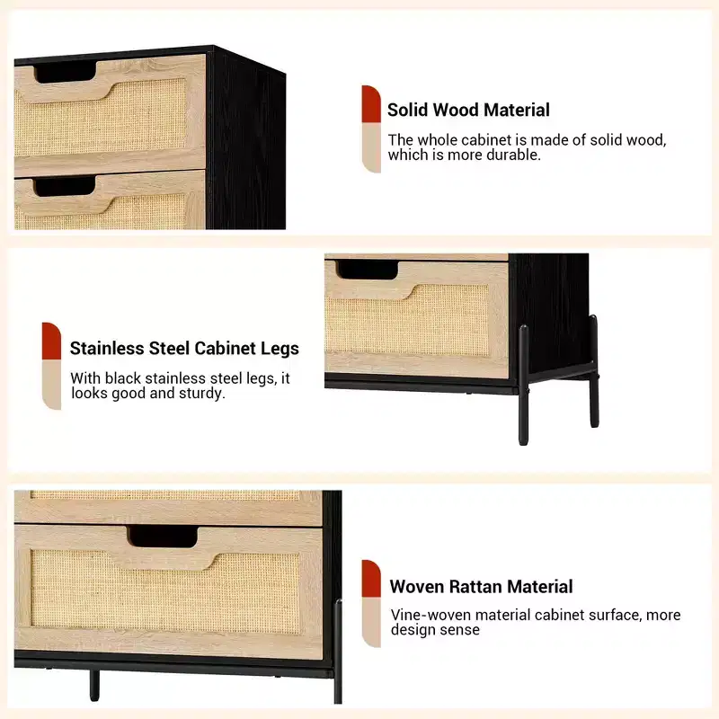 Natural Rattan Dresser, Wooden Chest of Drawer, Farmhouse Storage Cabinet, Bedroom Dresser