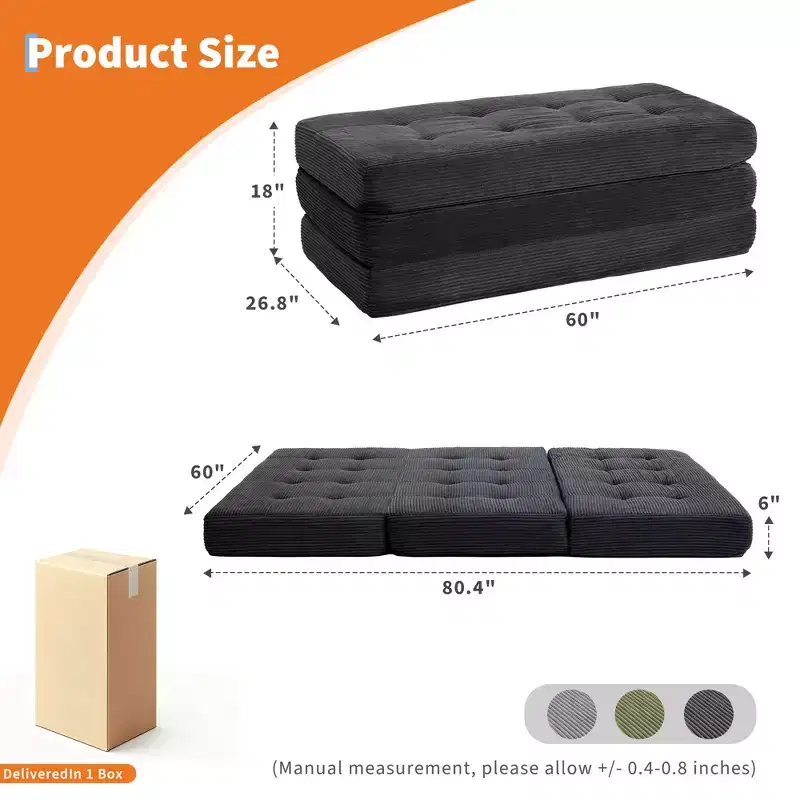 6 Inch Tri-Fold Mattress Tufted Queen Floor Sofa Bed, Collapsible Bed with High-Density Support Foam