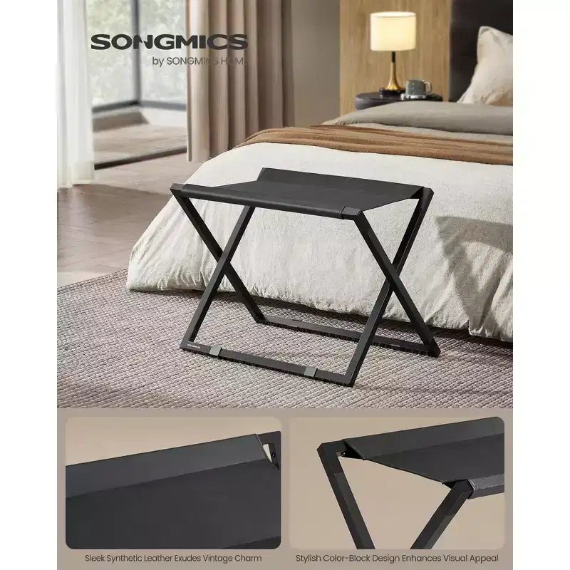 Folding Luggage Rack, Metal Suitcase Stand with Synthetic Leather Top & Floor Protection, 110 lb Capacity for Guest Room Hotel