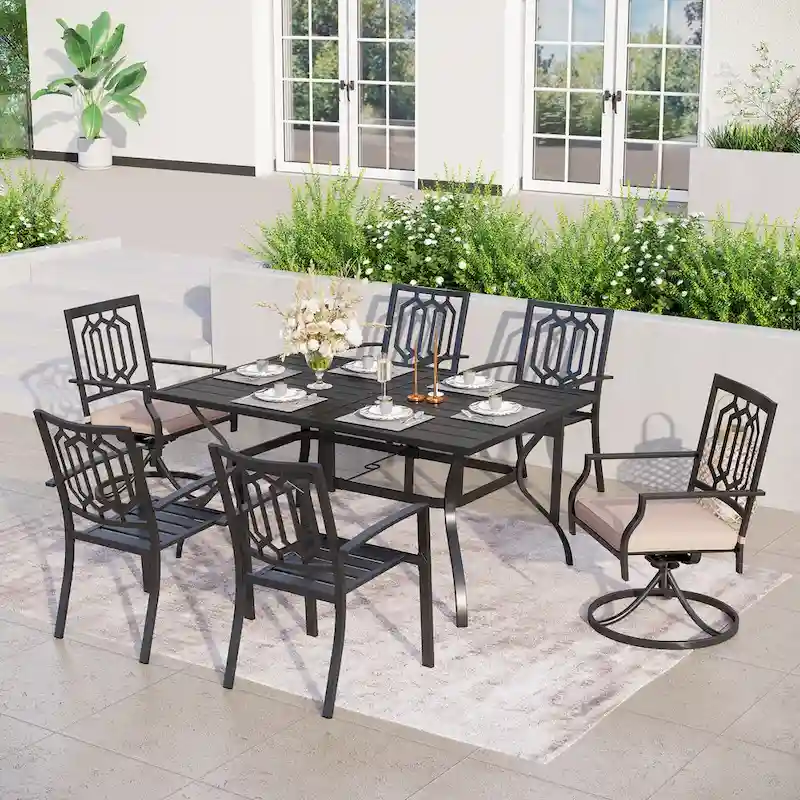 MAISON ARTS 7-Pcs Outdoor Dining Set Steel Combo Dining Chairs with Cushion and 6-Person Umbrella Table