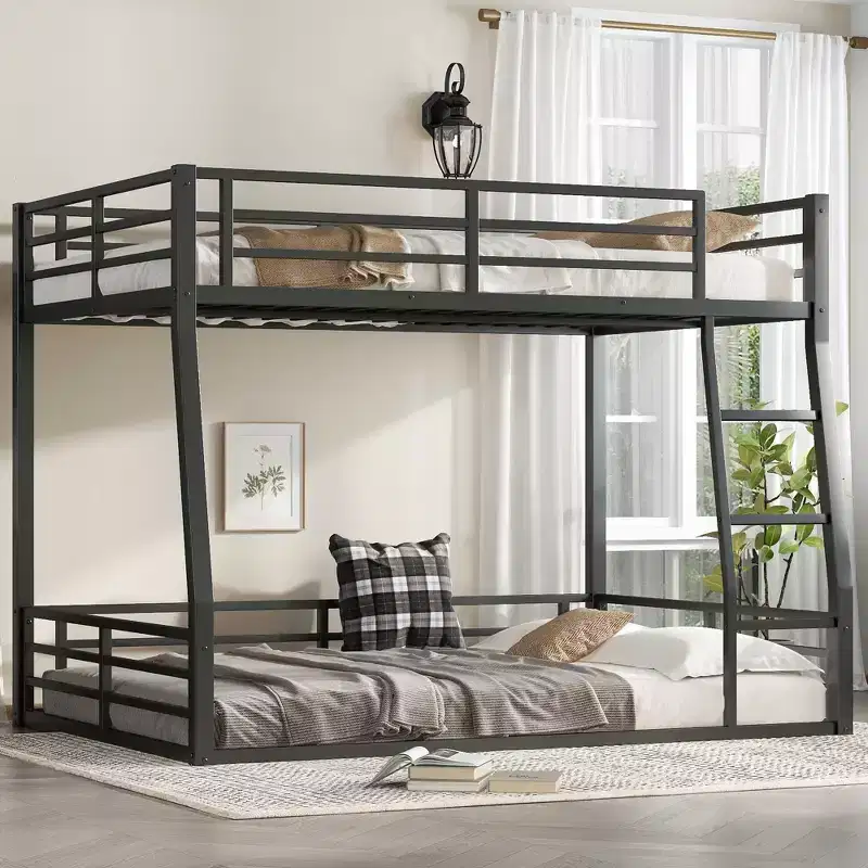 Full XL Over Queen Metal Bunk Bed with Guardrails, Black