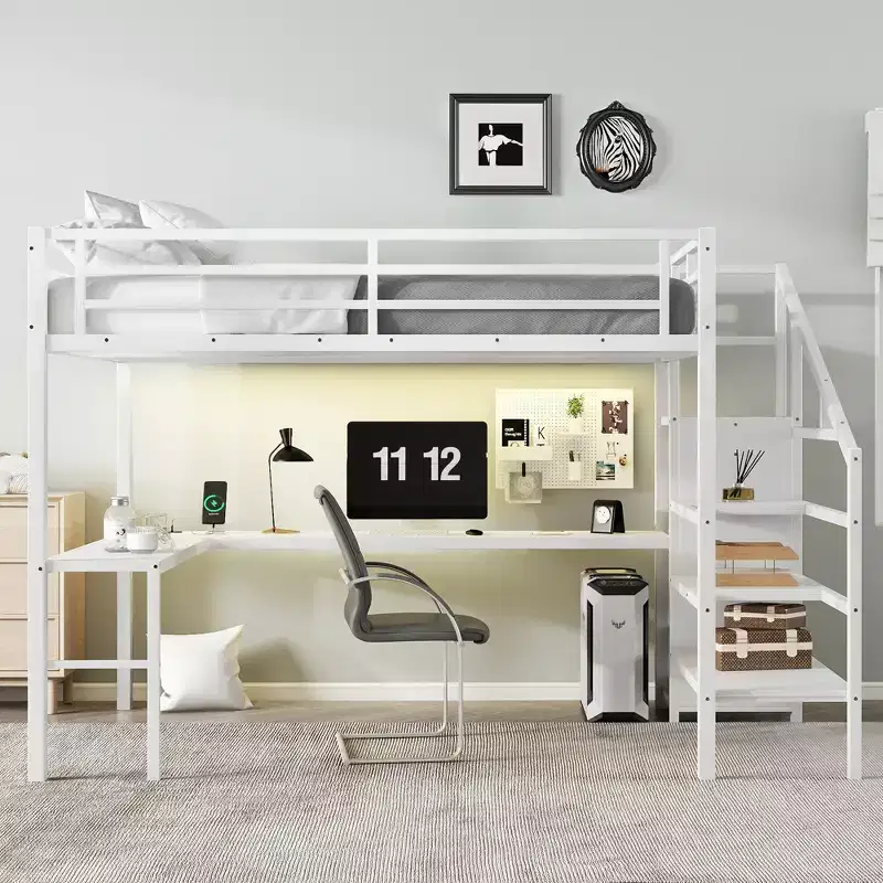 Bellemave Metal Loft Bed with L-Shaped Desk, Wardrobe & Adjustable Storage, USB & LED Lights, High Loft Bed for Kids, Teens & Adults, White