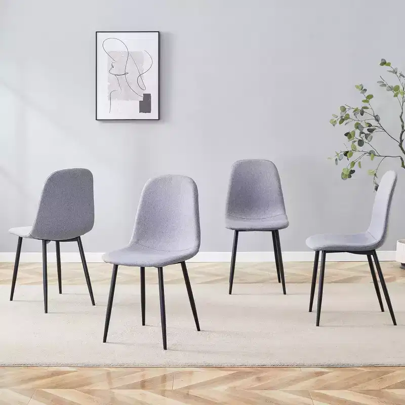 MAYEERTY Set of 4 Luxury Simple Dining Chairs Light Gray Linen Cotton Black Metal Legs Fits Diverse Decor