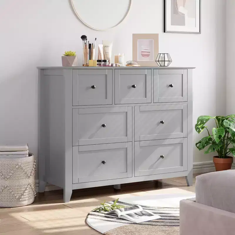 GustoWave 7 Drawer Bedroom Dresser, Modern Chest of Drawers, Wood Storage Double Dresser with Deep Drawers for Living Room, Gray