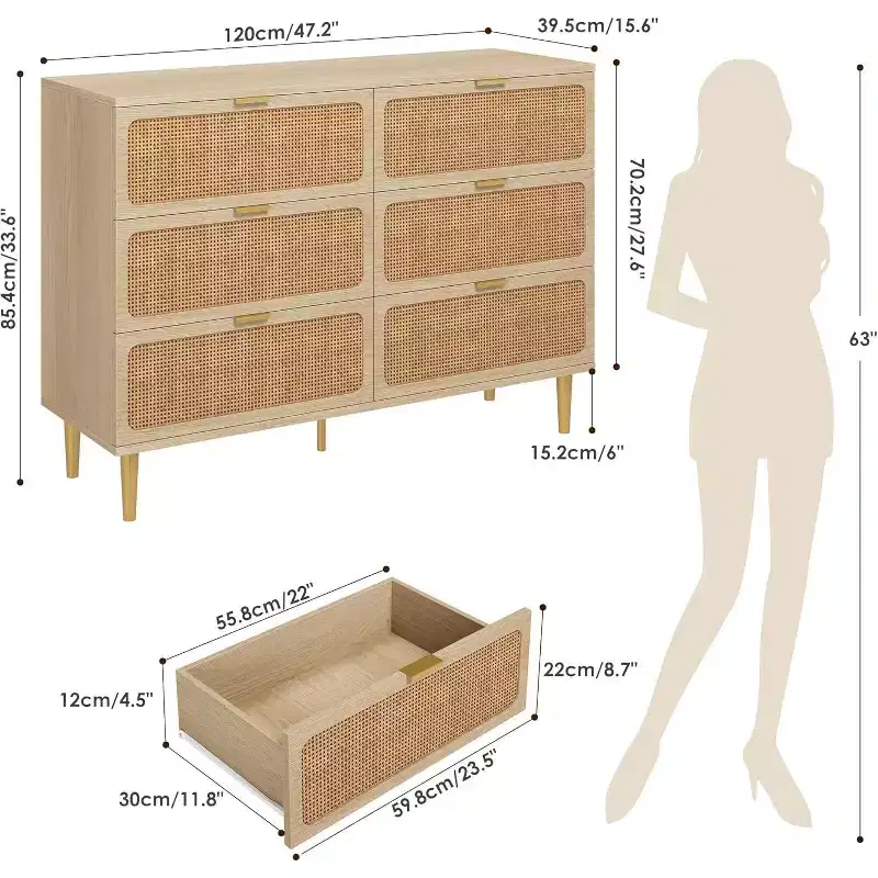 Rattan 6 Drawer Dresser for Bedroom, Large Double Dresser, Wooden Chest of Drawers for Closet with Wide Top, for Living Room, Hallway