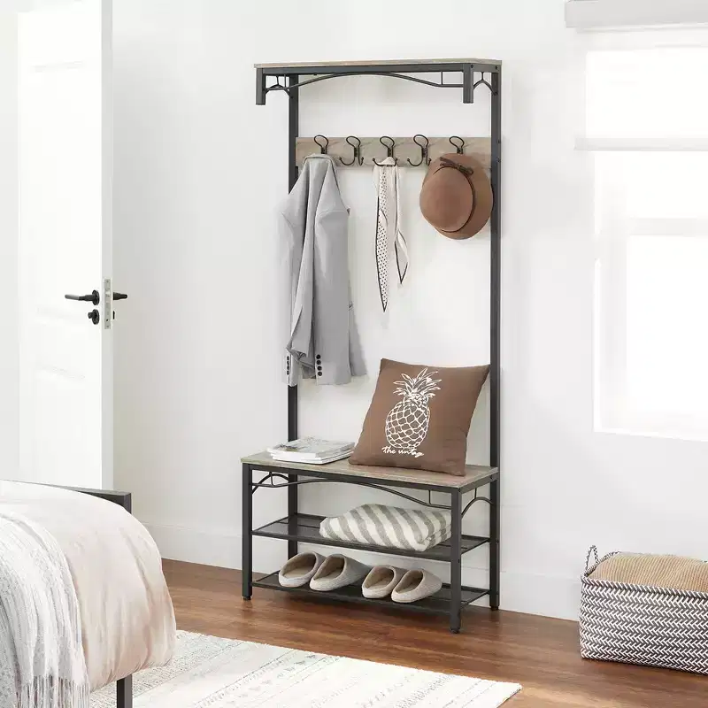 VASAGLE Shoe Bench Rack, 3-Tier Storage Shelf Industrial Accent Furniture with Steel Frame, 12.6 x 31.5 x 70.3 Inches