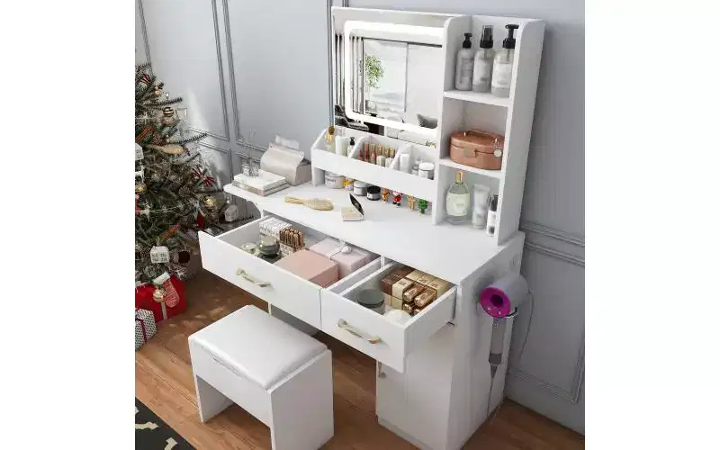 JVNOXK Vanity with LED Mirror Light and Power Outlet Charging Station, Featuring 3 Drawers, 7 Shelves, and Storage Stool, Suitable for Women, White