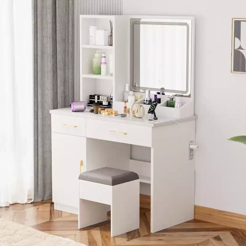 Okak 32IN Makeup Vanity with Large Storage Space, Vanity Desk with Cushioned Stool and Mirror, Compact Vanity for Bedroom, Studio, White
