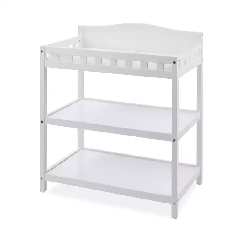 Baby Changing Table White - Raised Side Rails, Open Shelves, Water-Resistant Pad