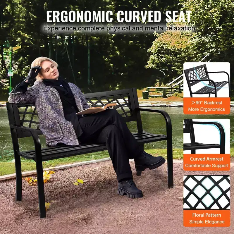 46-Inch Metal Garden Bench with Backrest and Armrests, 480 LBS Capacity