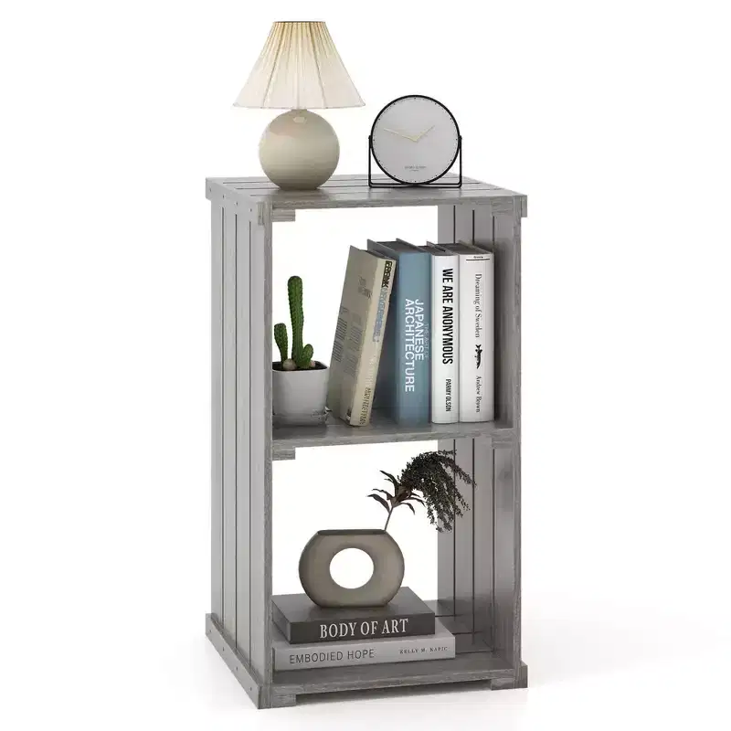 Costway 1/2 PCS 2-Cube Storage Shelf Slatted Paulownia Wood Cubic Organizer with Open Back Gray