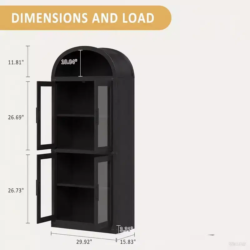 71.4in Tall Wooden Arched Bookshelf with Doors Farmhouse Rounded Bookcases for Living Room, Kitchen, Office (Black)