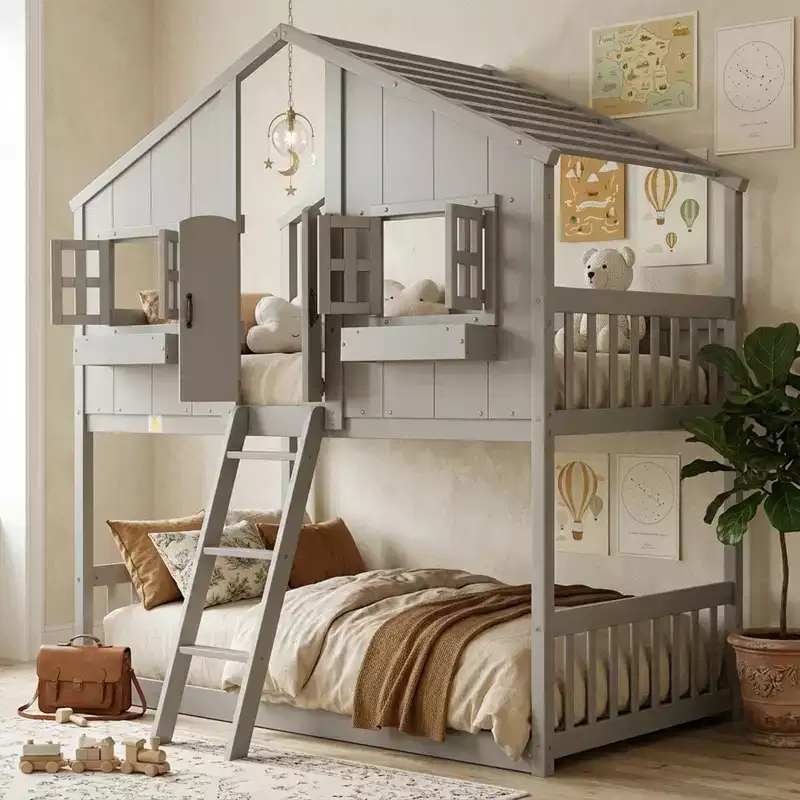 Twin Size House-Shaped Loft Bed, Wood Playhouse Loft Bed with Ladder & Guardrails for Kids