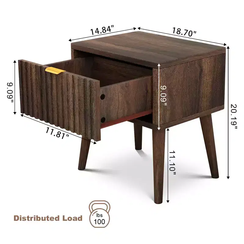 Dyonery 20 inch Walnut Fluted Nightstand Set of 1/2 Mid Century Modern End Table with Drawer Bedside Table Solid Wood End Side Table for Living Room