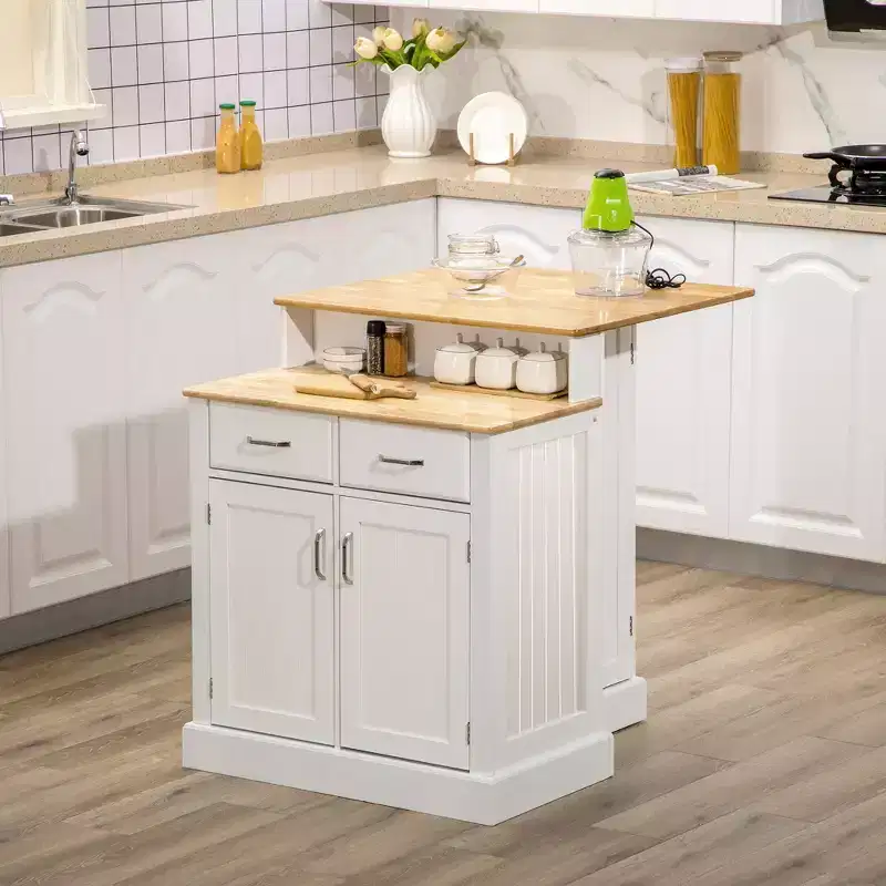 GDFStudio Callie Two-Tier Kitchen Island Table with Rubber Wood Top, Storage Cabinets and Pull-Out Drawers