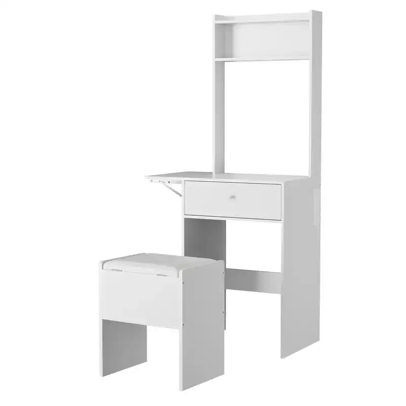 GustoWave White Vanity Desk with Large Mirror, Small Makeup Table with Fold-Up Panel, Storage Chair & Open Shelves for Bedroom