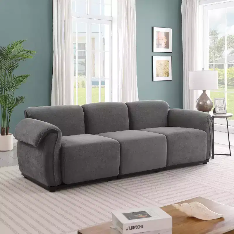 GDFStudio Khalid Modern 93 3-Seater Wood and Iron Chenille Upholstered Sectional Sofa with Split Backrest