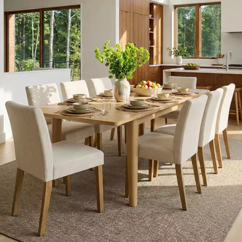 Expandable Dining Table Set for 8, Rectangular Table with Removable Leaves and Armless Linen Chairs, Featuring Solid Wood Legs-Panipeachy