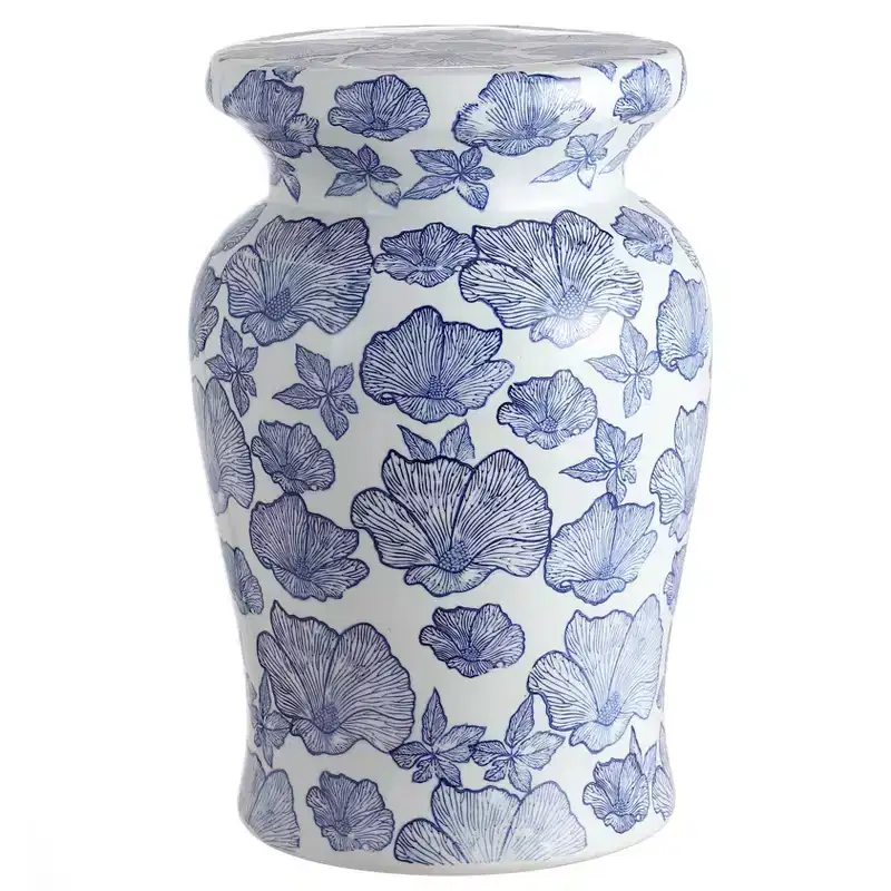 JONATHAN Y Poppies 17.7 Ceramic Garden Stool/Accent Table, White/Blue